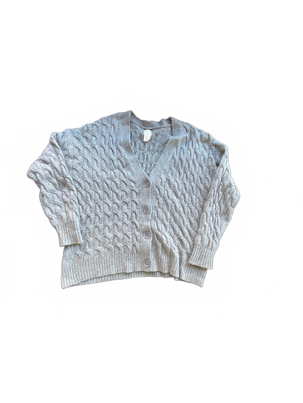 Gray cable knit button front cardigan sweater